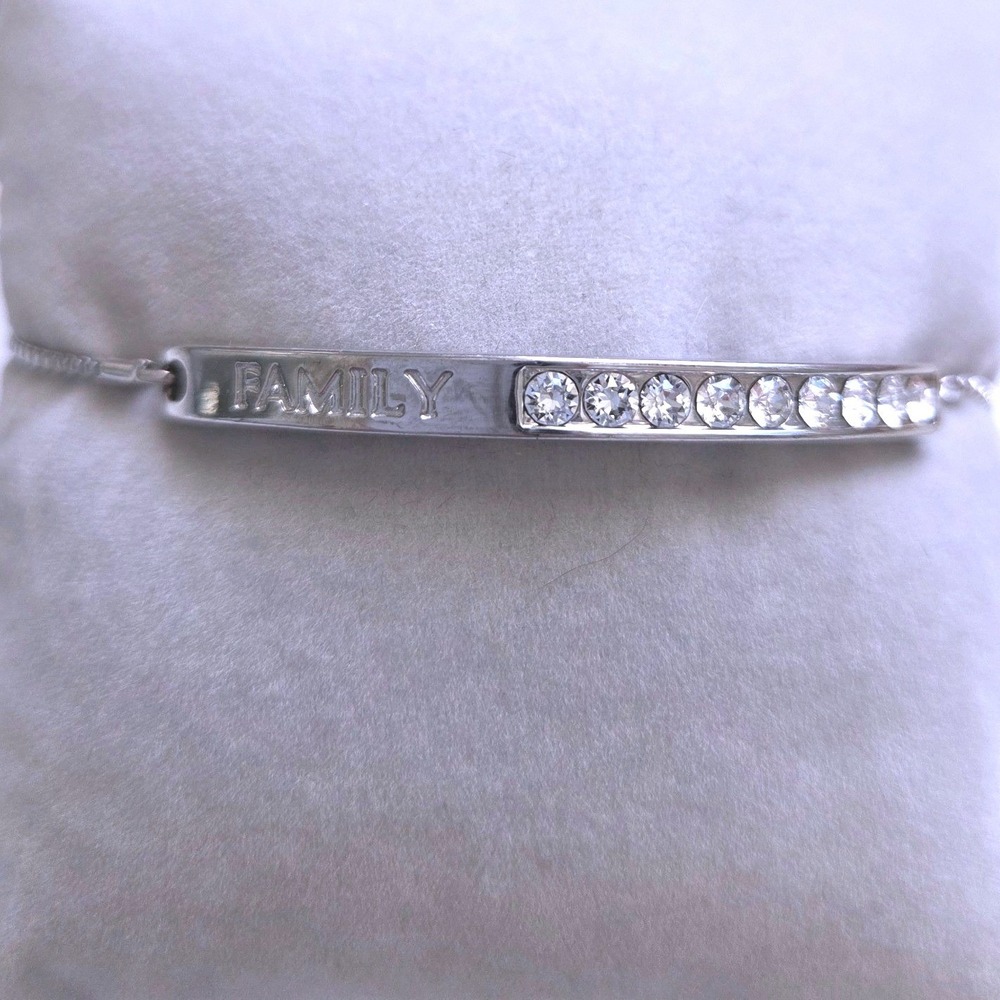 Silver Tone Family Engraved Crystal Bar Adjustable Bolo Bracelet Box Chain‎